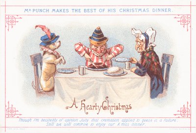 Mr Punch seduto per la cena di Natale, cartolina di Natale da English School