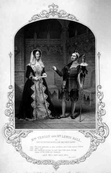 Mrs Ternan come la Contessa Roussillon e Mr Lewis Ball come il suo buffone, Atto I Scena 3, in Tutto è bene quel che finisce bene, di William Shakespeare, inciso da D. Pound da un dagherrotipo di Paine di Islington da English School