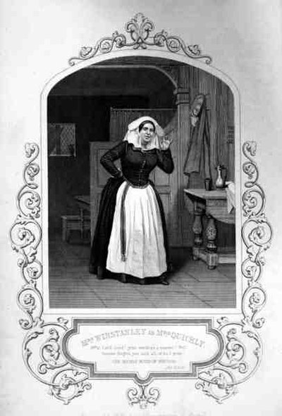 Mrs Winstanley come Mrs Quickly, Atto II Scena 2, in Le Allegre Comari di Windsor di William Shakespeare, inciso da George Hollis da un dagherrotipo di J.P. Mayall da English School