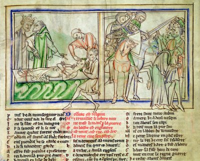 Ms.Ee.3.59 fol.6r Harald Harefoot supervisiona la tortura di Alured e l