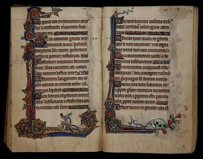 Ms 1-2005, ff.115v-116r: caccia al coniglio cavalcando un cane, decorazione marginale dal Salterio di Macclesfield, Uso di Sarum, East Anglia, c.1330 da English School