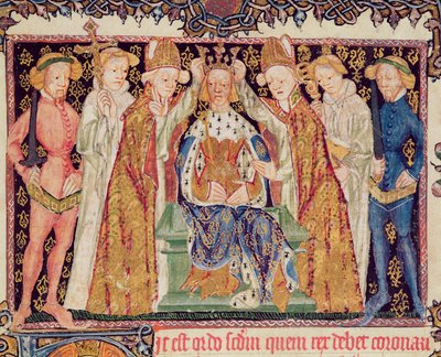 Ms 197 f.3r Incoronazione di un re, da Liber Regalis da English School