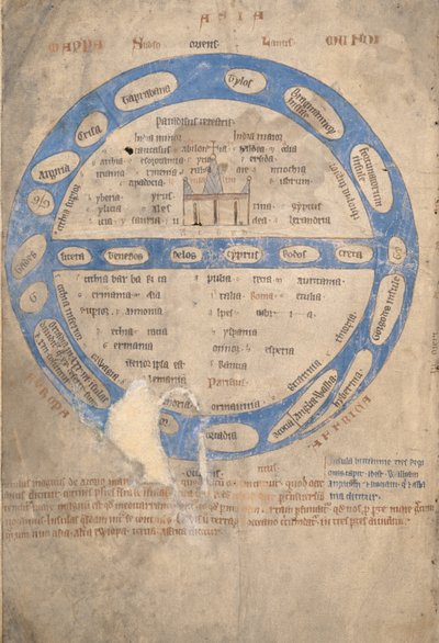 Ms 254, f.1v: Mappa Mundi, da un Bestiario, c.1200-30 da English School