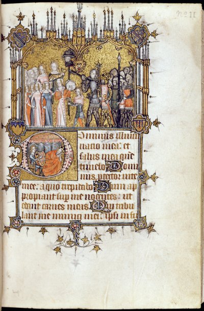 Ms 38-1950, f.29r: Davide alla testa di una processione che porta la testa di Golia su una lancia, dal Salterio di Bohun, c.1370 da English School