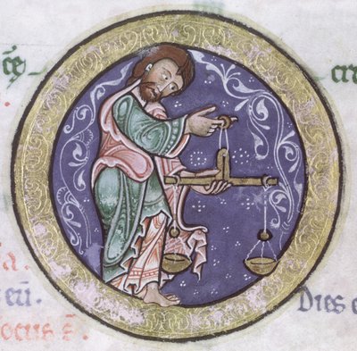 Ms Hunter 229 f.5r Libra, dal Salterio Hunteriano, c.1170 (penna e inchiostro e tempera su pergamena) (dettaglio) da English School
