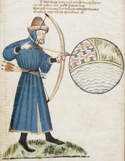 Arciere che spara a un globo, da Vox Clamatis di John Gower (1330-1408) da English School