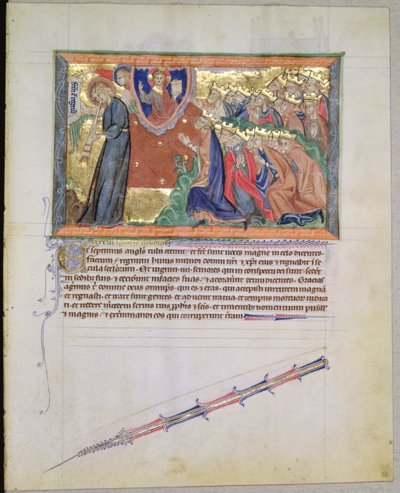 Ms L.A. 139-Lisboa fol.28 Il 7° angelo che suona la tromba e i 24 Anziani che adorano Dio, dall