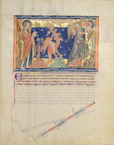 Ms L.A. 139-Lisboa fol.31 San Giovanni che osserva un angelo aiutare la donna a fuggire dal drago rosso, dall