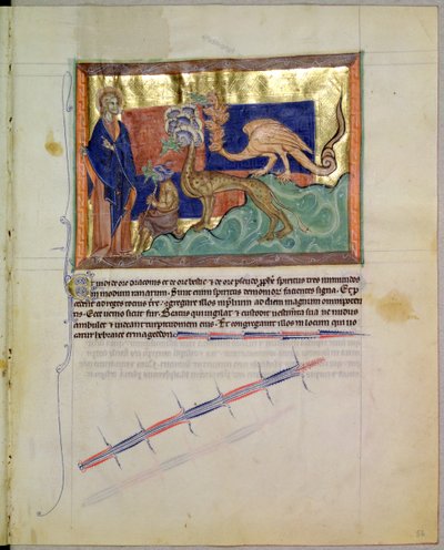 San Giovanni Evangelista osserva rane uscire dalle bocche delle 3 bestie, dal Gulbenkian Apocalypse, c.1265-70 da English School