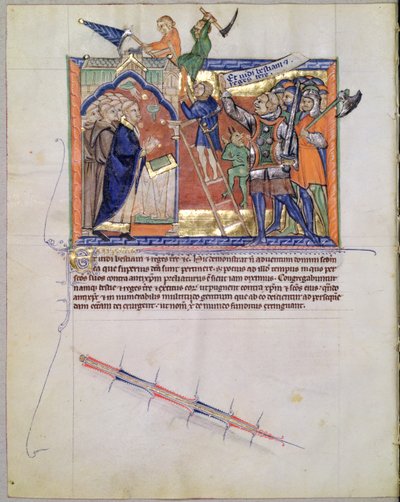 Il Guerriero Divino guida un esercito contro coloro che attaccano i fedeli, dal Gulbenkian Apocalypse, c.1265-70 da English School