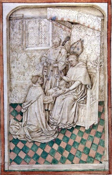 Ms R 14.5 f.8v Thomas Bekynton, Vescovo di Bath e Wells, riceve Chaundler, dal Messale di Abingdon, 1457-61 da English School