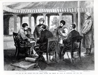 Muhammad Yaqub Khan (1849-1923) firma il Trattato di Pace a Gundamak il 26 maggio 1879 da English School
