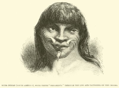 Indiano Mura (Sud America), con ornamenti dentali attraverso le labbra e tatuaggi sulle guance da English School