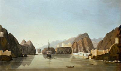 Veduta del porto di Muscat con una fregata britannica all