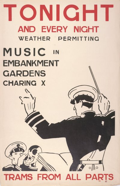 Musica nei giardini di Embankment, Charing Cross, tram da tutte le parti da English School
