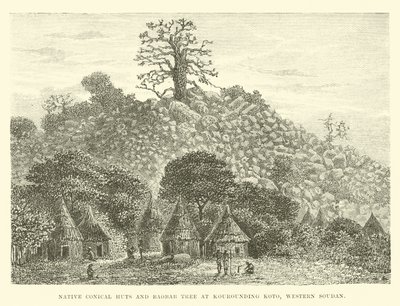 Capanni conici nativi e albero di Baobab a Kourounding Koto, Sudan Occidentale da English School