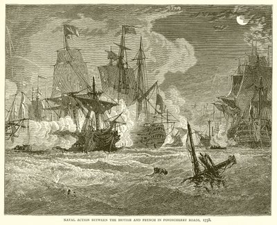 Azione navale tra britannici e francesi nelle strade di Pondicherry, 1758 da English School