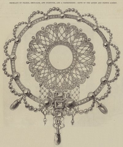 Collana di perle, smeraldi e diamanti, e un cachepeigne, doni della Regina e del Principe Alberto (incisione) da English School
