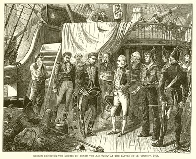 Nelson riceve le spade a bordo del San Josef nella battaglia di San Vincenzo, 1797 da English School