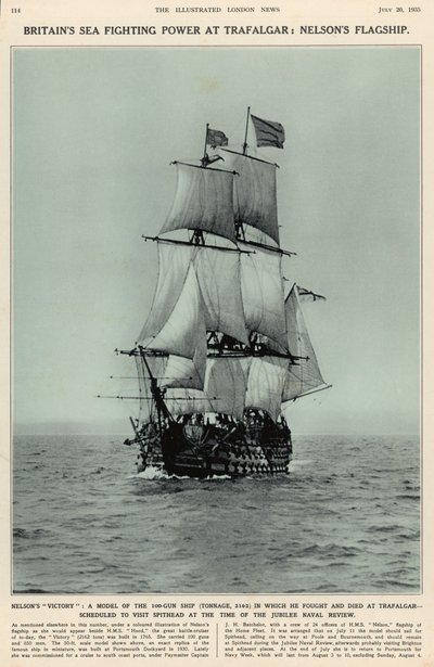 La vittoria di Nelson: un modello della nave da 100 cannoni con cui combatté e morì a Trafalgar, dal The Illustrated London News Royal Naval and Military Review Number, 20 luglio 1935 da English School