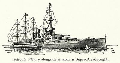 La Vittoria di Nelson accanto a un moderno Super-Dreadnought da English School
