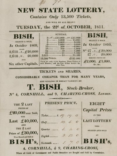 Nuova Lotteria di Stato, gestita da T. Bish, broker, 4 Cornhill e 9 Charing Cross, Londra da English School