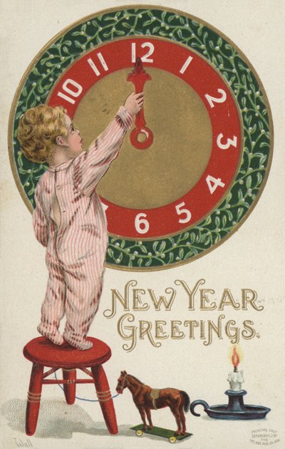 Cartolina di Capodanno con un bambino che cambia un orologio da English School