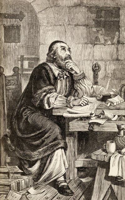 Nicholas Ridley scrive lettere in prigione in attesa della sua esecuzione, c.1865 da English School