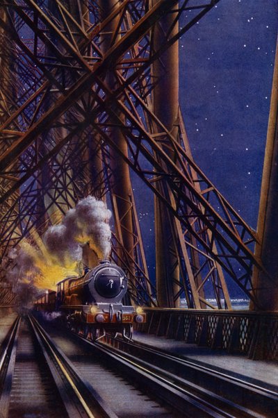 Treno notturno che attraversa il Forth Bridge, Scozia da English School