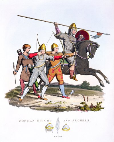 Cavaliere Normanno e Arcieri, 1066, da Antiche Armature di Samuel Rush Meyrick, 1824 da English School
