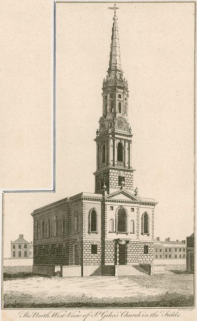 Vista nord-ovest della Chiesa di St Giles in the Fields, Londra da English School