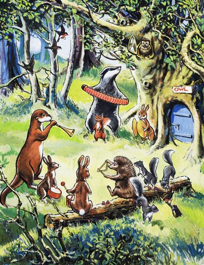 Animali del vivaio che giocano nel bosco da English School