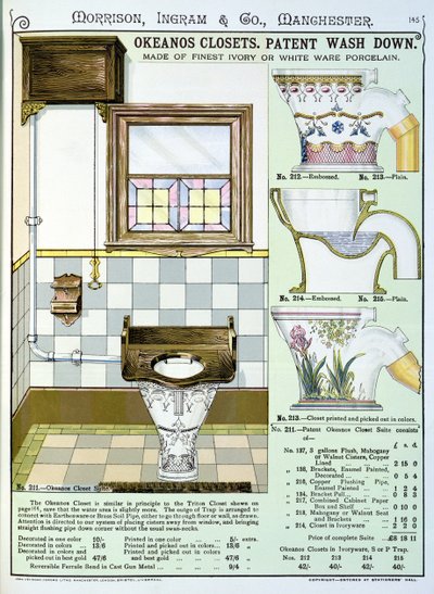 Okeanos Closets da un catalogo di articoli sanitari prodotti da Morrison, Ingram & Co., Manchester, pubblicato c.1890 da English School