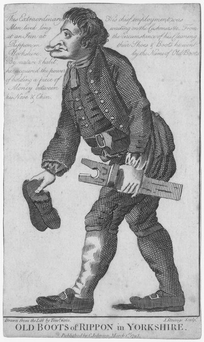 Vecchi stivali di Rippon nello Yorkshire, inciso da J. Strange (XVIII secolo) dopo un disegno di Timothy Grin, pubblicato da C. Johnson, 1793 da English School