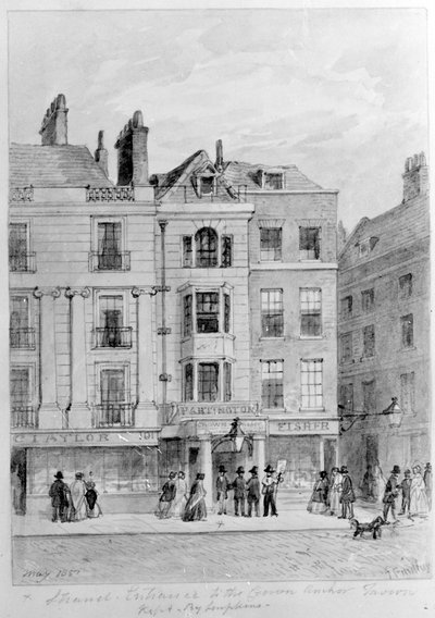 Vecchio ingresso alla Crown and Anchor Tavern, 1851 da English School
