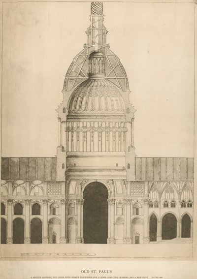 Vecchia Cattedrale di San Paolo; una sezione che mostra il Coro con il suggerimento di Sir Christopher Wren per una cupola da English School