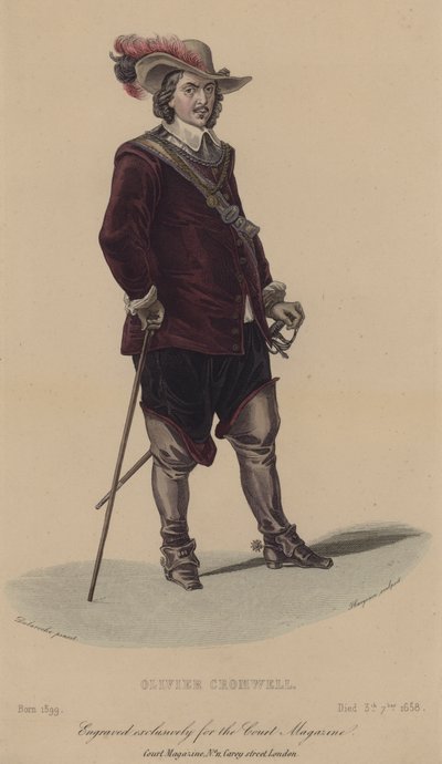 Oliver Cromwell, soldato e politico inglese (incisione colorata) da English School