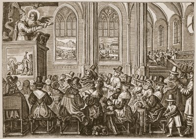 Oliver Cromwell che predica a una congregazione puritana, illustrazione da The Church of England: A History for the People di H.D.M. Spence-Jones da English School