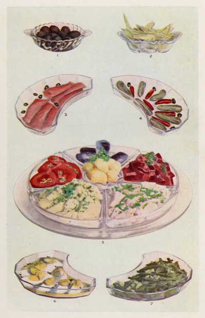 Olive; Cicoria condita; Salmone affumicato; Cetriolino e peperoncino; Burro, fette di pomodoro, insalata di patate, tonno, barbabietola, sardine; Maionese di uova; Insalata di fagioli da English School