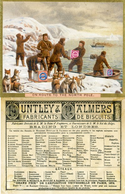 In rotta verso il Polo Nord, fronte e retro di una carta promozionale per i biscotti Huntley & Palmers, prodotta per il mercato francese, 1890 da English School
