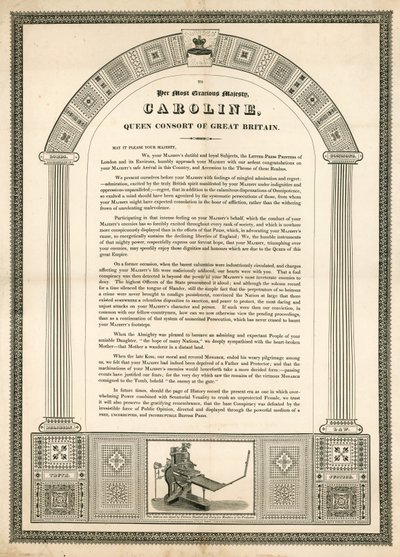 Lettera aperta a Caroline, Regina Consorte di Gran Bretagna dai tipografi di Londra da English School