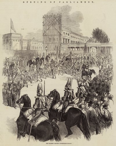 Apertura del Parlamento, Sua Maestà lascia Buckingham Palace (incisione) da English School