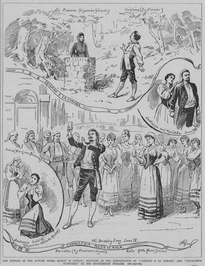 Apertura della stagione operistica autunnale a Londra: scene da rappresentazioni di Crispino e la Comare e Cavalleria Rusticana al Shaftesbury Theatre da English School