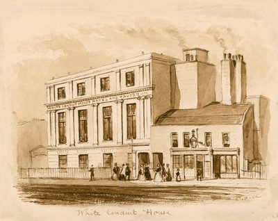 Disegno originale a seppia della nuova White Conduit House, Pentonville, Londra da English School