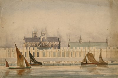 Disegno originale ad acquerello delle Case del Parlamento in costruzione intorno al 1842 da English School