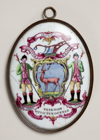 Medaglione ovale per la Society of Bucks, con due boscaioli che sostengono uno scudo dipinto con un cervo (smalto) da English School