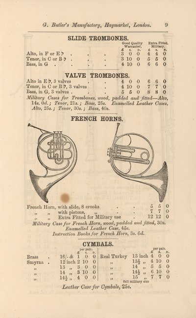 Pagina dal Catalogo Illustrato di Strumenti Musicali di G Butler (incisione) da English School