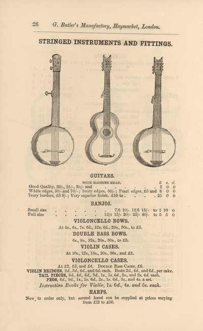 Pagina dal Catalogo Illustrato di Strumenti Musicali di G Butler (incisione) da English School