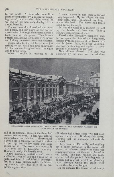 Pagina da un articolo di rivista su una Londra immaginaria coperta di neve da English School