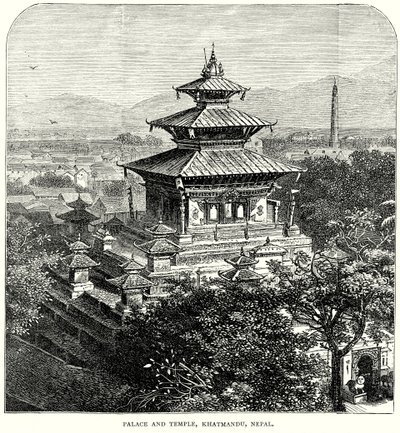 Palazzo e tempio, Khatmandu, Nepal (incisione) da English School